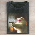 Vintage Wash Funny Cat With Gun T-shirt
