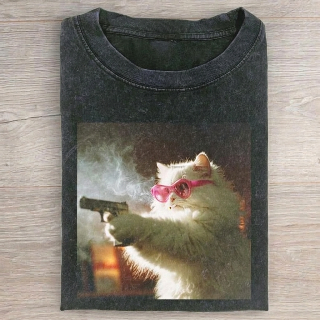 Vintage Wash Funny Cat With Gun T-shirt