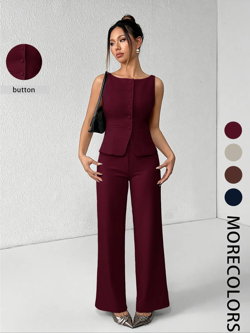 Women's Solid Button Front Sleeveless Tank Top & Wide Leg Pants Set, Casual Elegant Chic Minimalist Fashion Two-piece Set for Summer, Women's Clothing for Daily Wear, Suits, Office Siren Outfits, Casual Matching Set, Corporate Outfits Women