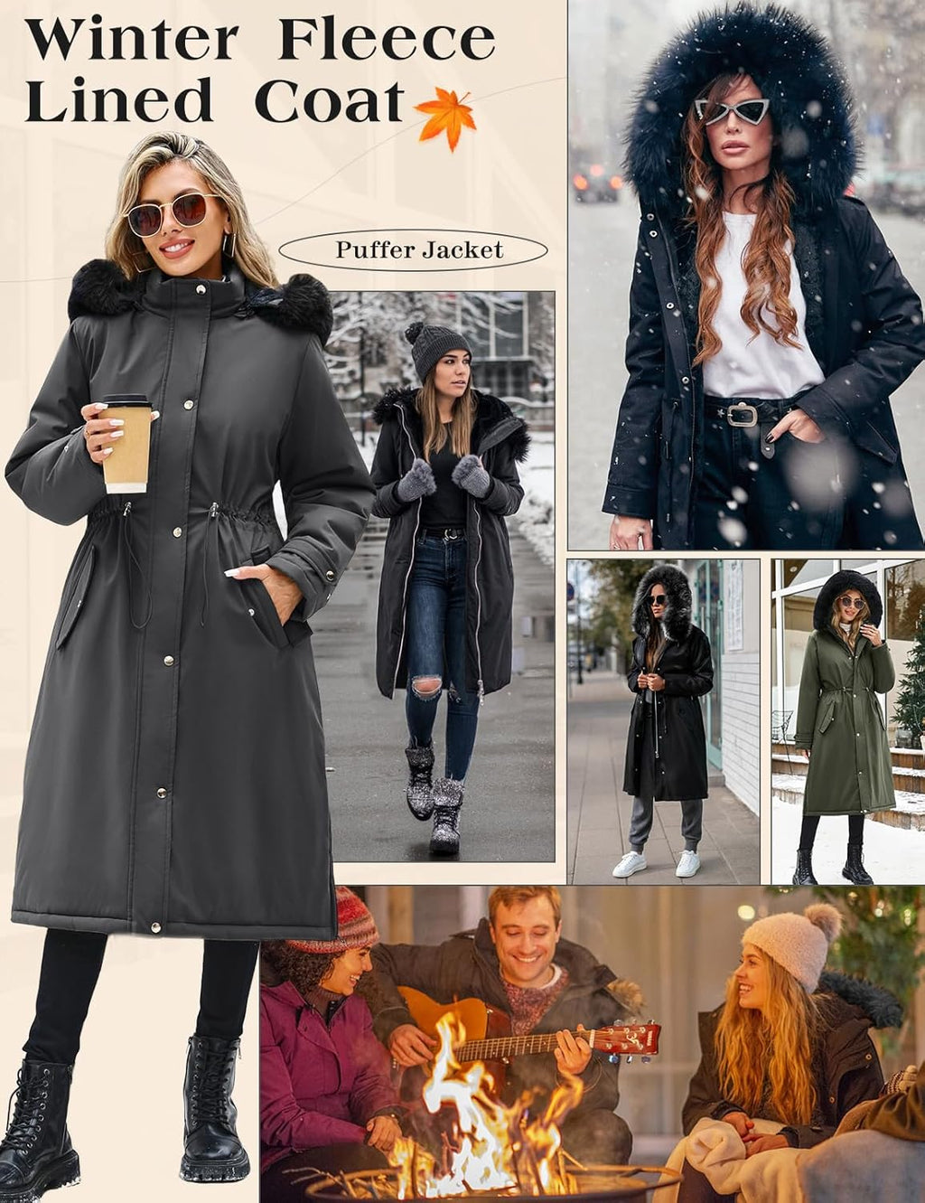 Women's Long Coats Winter Fleece Lined Warm Long Jackets for Women, Water Repellent Windproof Parka Coat Zip Up Button Drawstring Waist Overcoat with Pockets and Detachable Hood