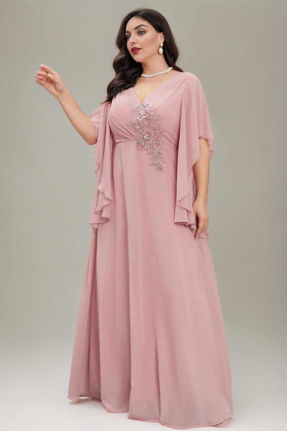 Curveins Plus Size V Neck Batwing Sleeve Chiffon Maxi Dress Elegant Flowing Fit