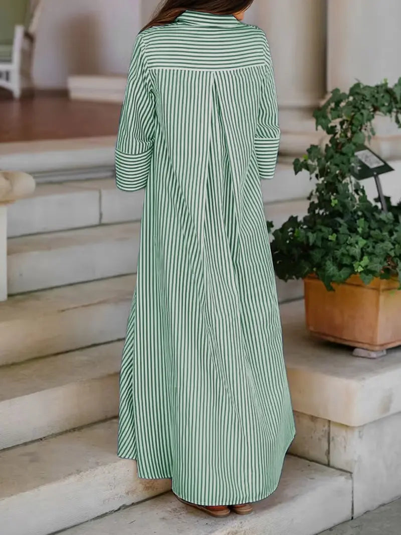 Elegant Women's Loose Collared Button Front Striped Shirt Dress