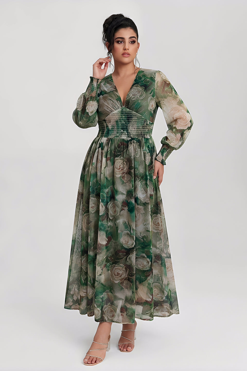 Curveins Plus Size V Neck Long Sleeve Floral Waist Maxi Dress