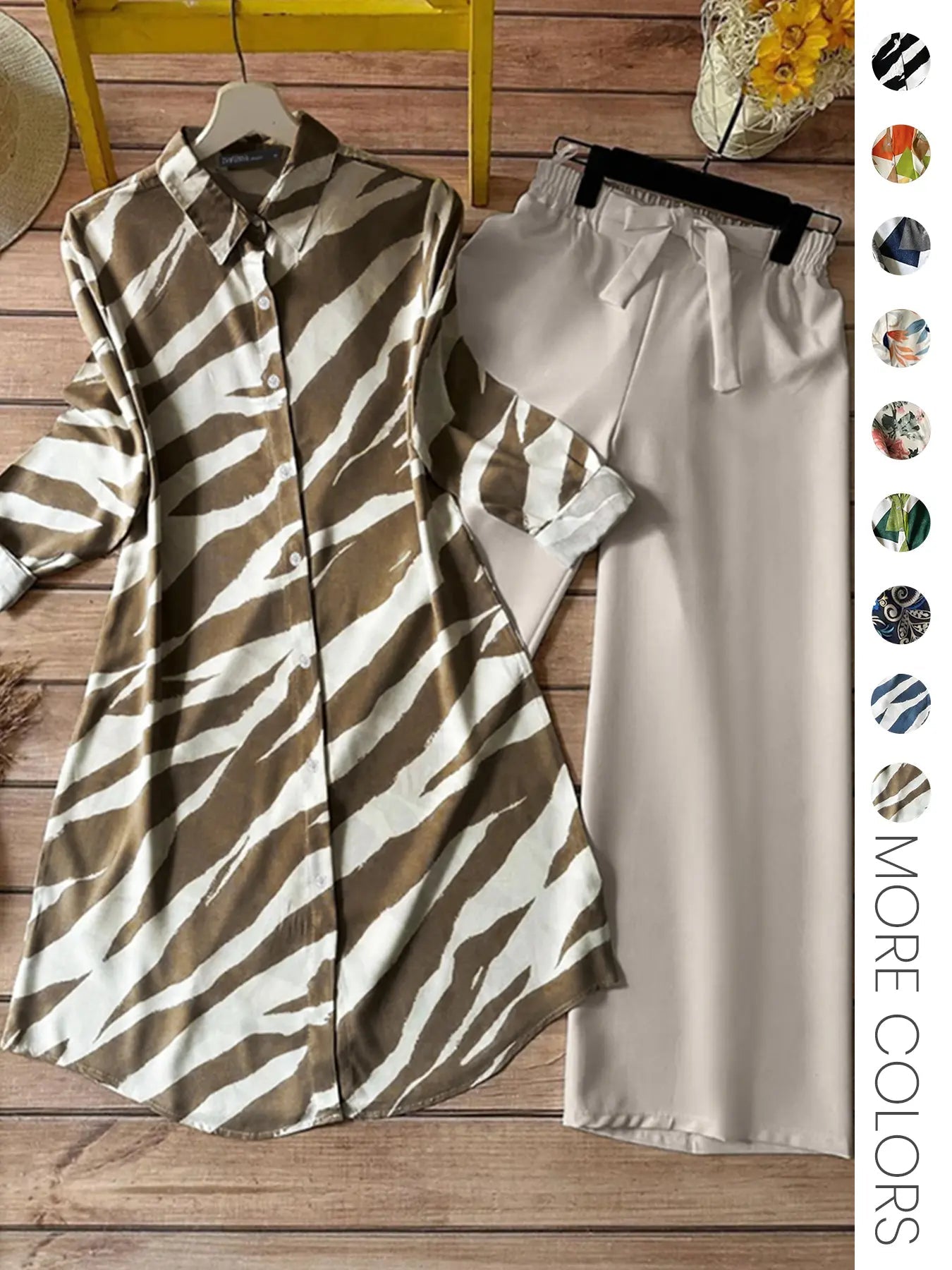 Two-piece Set Women's All Over Print Button Shirt & Wide Leg Pants, Casual Long Sleeve Collared Top & Trousers for Daily Wear, Ladies Clothes for All Seasons