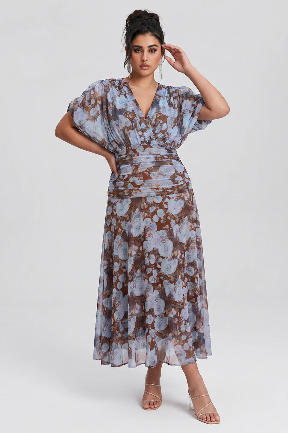 Curveins Plus Size V Neck Puff Sleeve Waist Defining Floral Print Elegant Maxi Dress