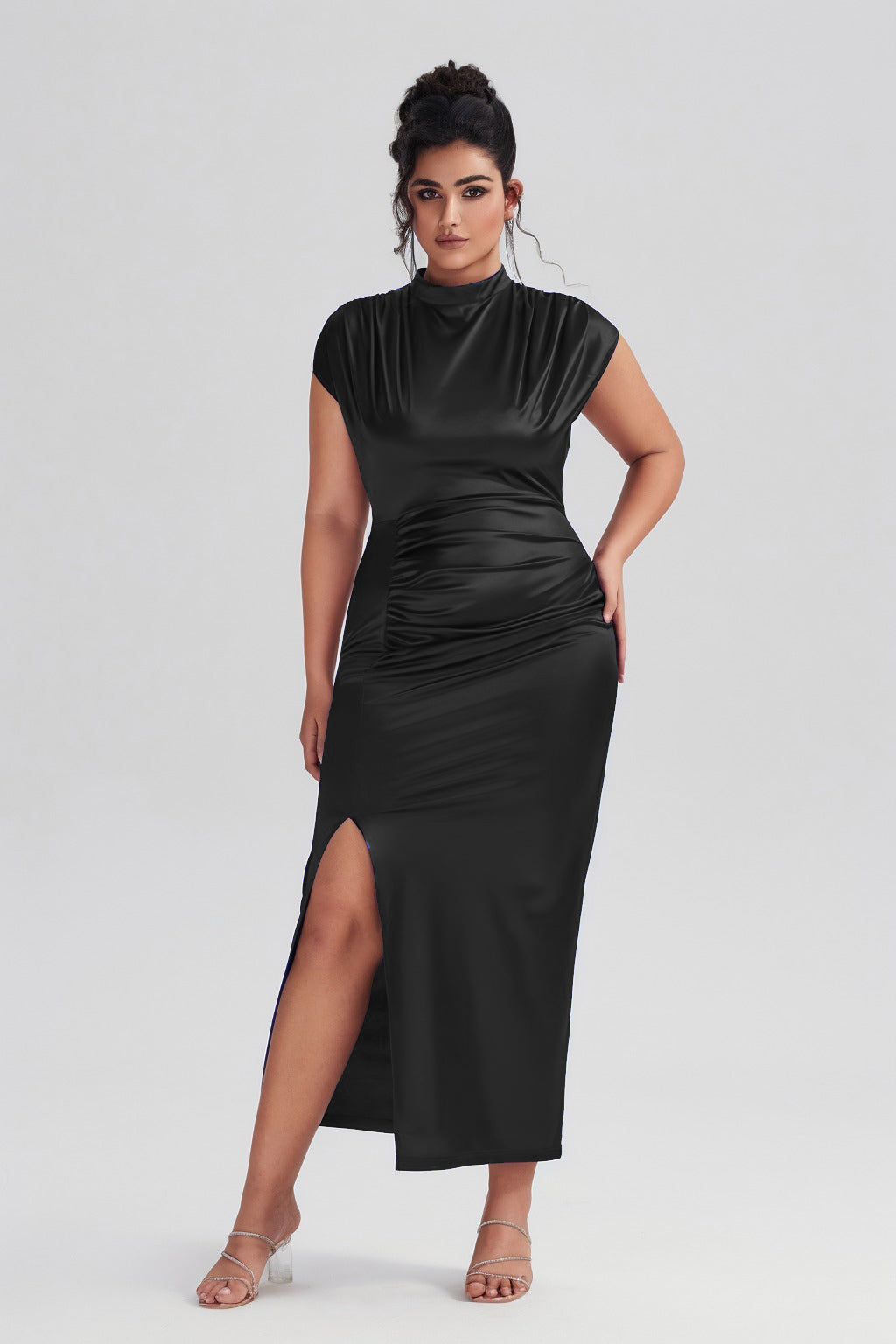 Plus Size Satin High-Waisted Green Maxi Dress