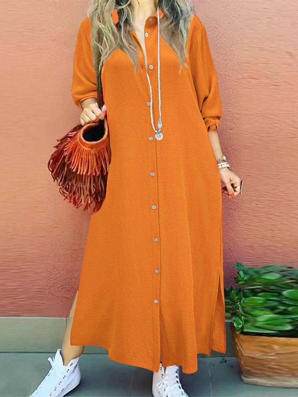 Women's Plain Button Shirt Collar Long Sleeve Dress, Collared Casual Fashion Long Dress for Daily Outdoor Wear, Women's Dress for Spring
