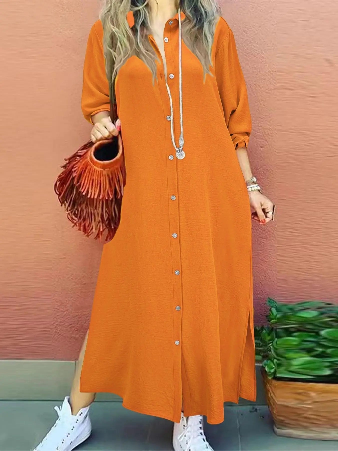 Women's Plain Button Shirt Collar Long Sleeve Dress, Collared Casual Fashion Long Dress for Daily Outdoor Wear, Women's Dress for Spring