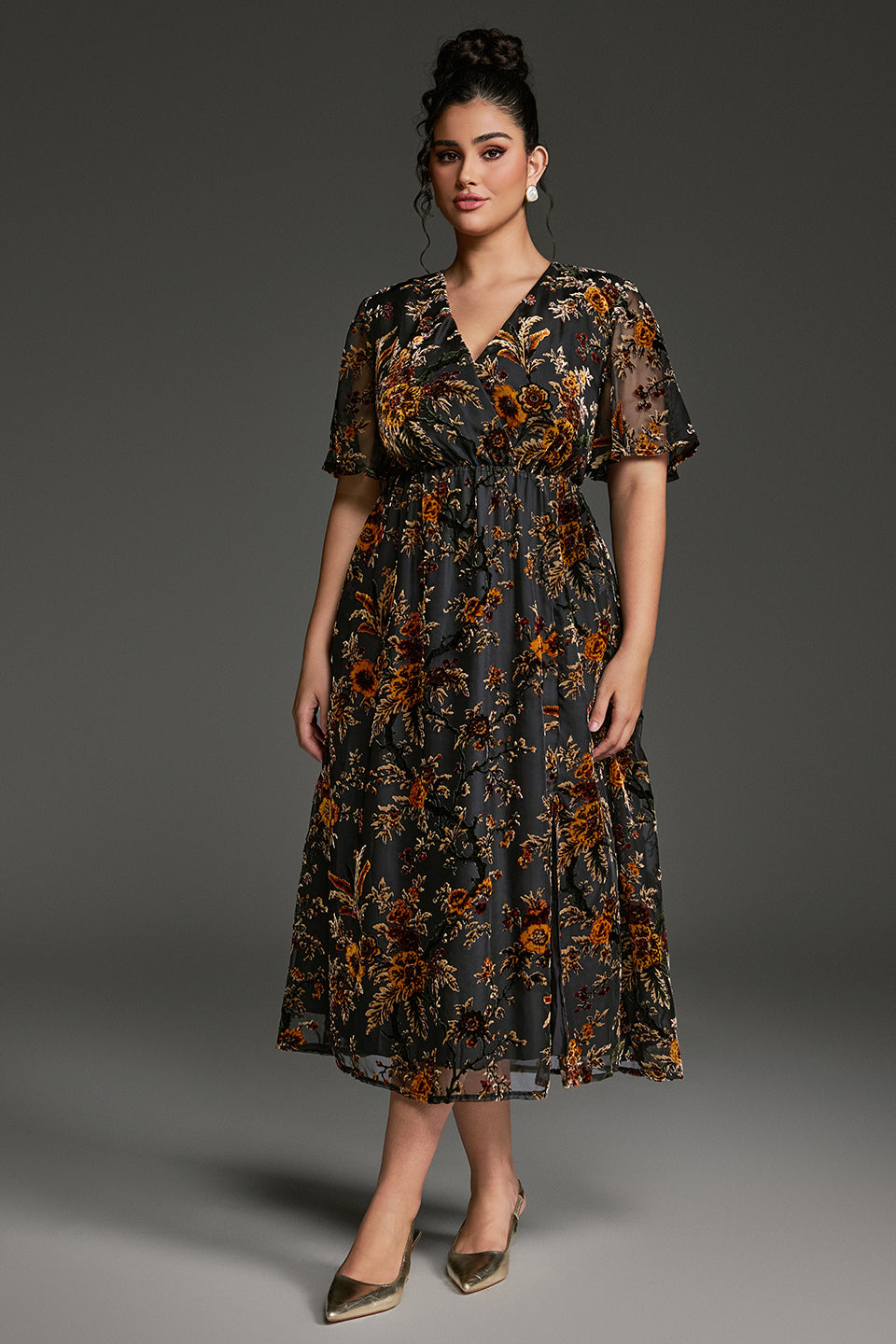Curveins Plus Size V-Neck Sheer Batwing Sleeve Floral Velvet Midi Dress