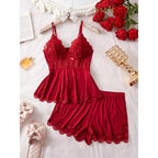Women's Solid/leopard Print Strap Cami Top & Lace Trim Shorts Pyjama Two-piece Set, Casual Comfy Camisole & Shorts Pj Set, Ladies Sleepwear for All Seasons, Loungewear, Pajamas, Womenswear