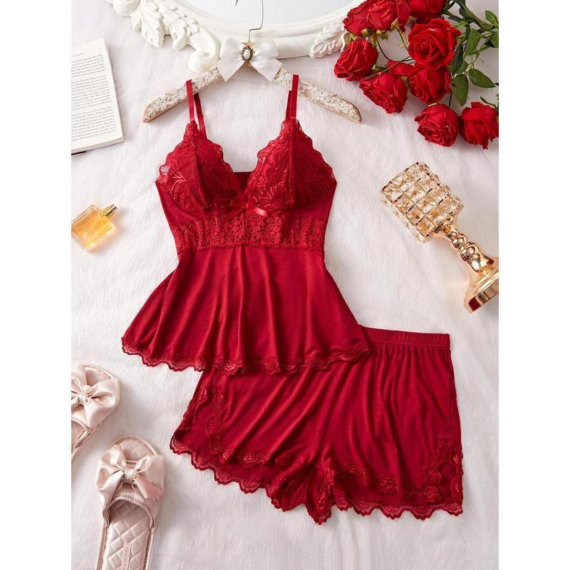 Women's Solid/leopard Print Strap Cami Top & Lace Trim Shorts Pyjama Two-piece Set, Casual Comfy Camisole & Shorts Pj Set, Ladies Sleepwear for All Seasons, Loungewear, Pajamas, Womenswear