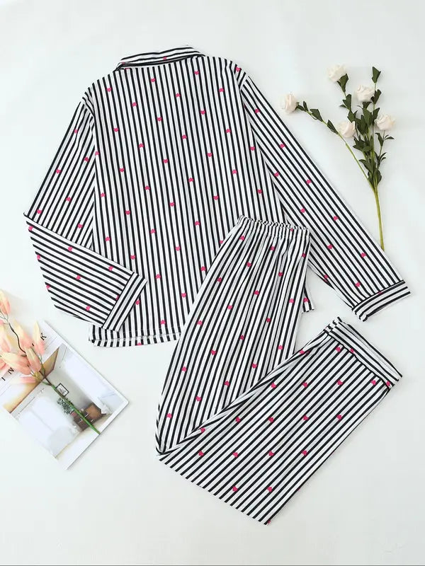Two-Piece Set Women's All Over Bow Print Button Front Shirt & Pants Pyjama, Casual Comfy Long Sleeve Lapel Neck Top & Trousers PJ Set, Women's Sleepwear for Spring & Fall