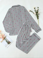 Two-Piece Set Women's All Over Bow Print Button Front Shirt & Pants Pyjama, Casual Comfy Long Sleeve Lapel Neck Top & Trousers PJ Set, Women's Sleepwear for Spring & Fall