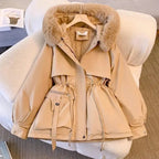 FauxFurMid-LengthHoodedDrawstringParka,WinterWarmThickenedLadiesPufferJackets,FleeceLinedWinterCoatforWomen