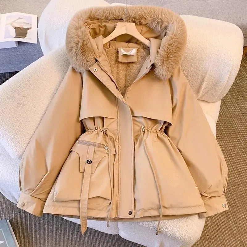 FauxFurMid-LengthHoodedDrawstringParka,WinterWarmThickenedLadiesPufferJackets,FleeceLinedWinterCoatforWomen