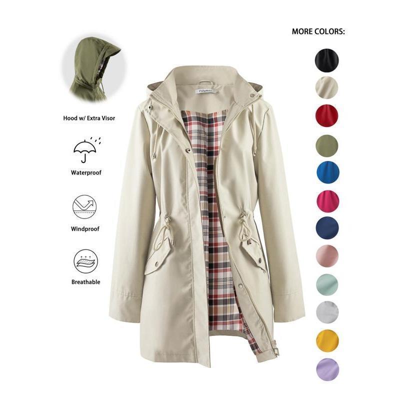 Women's Solid Color Drawstring Zip-Up Hooded Trench Coat Long Sleeve Waterproof Windproof Soft Comfortable Casual Outerwear Suitable For Spring Fall Daily Wear Outings