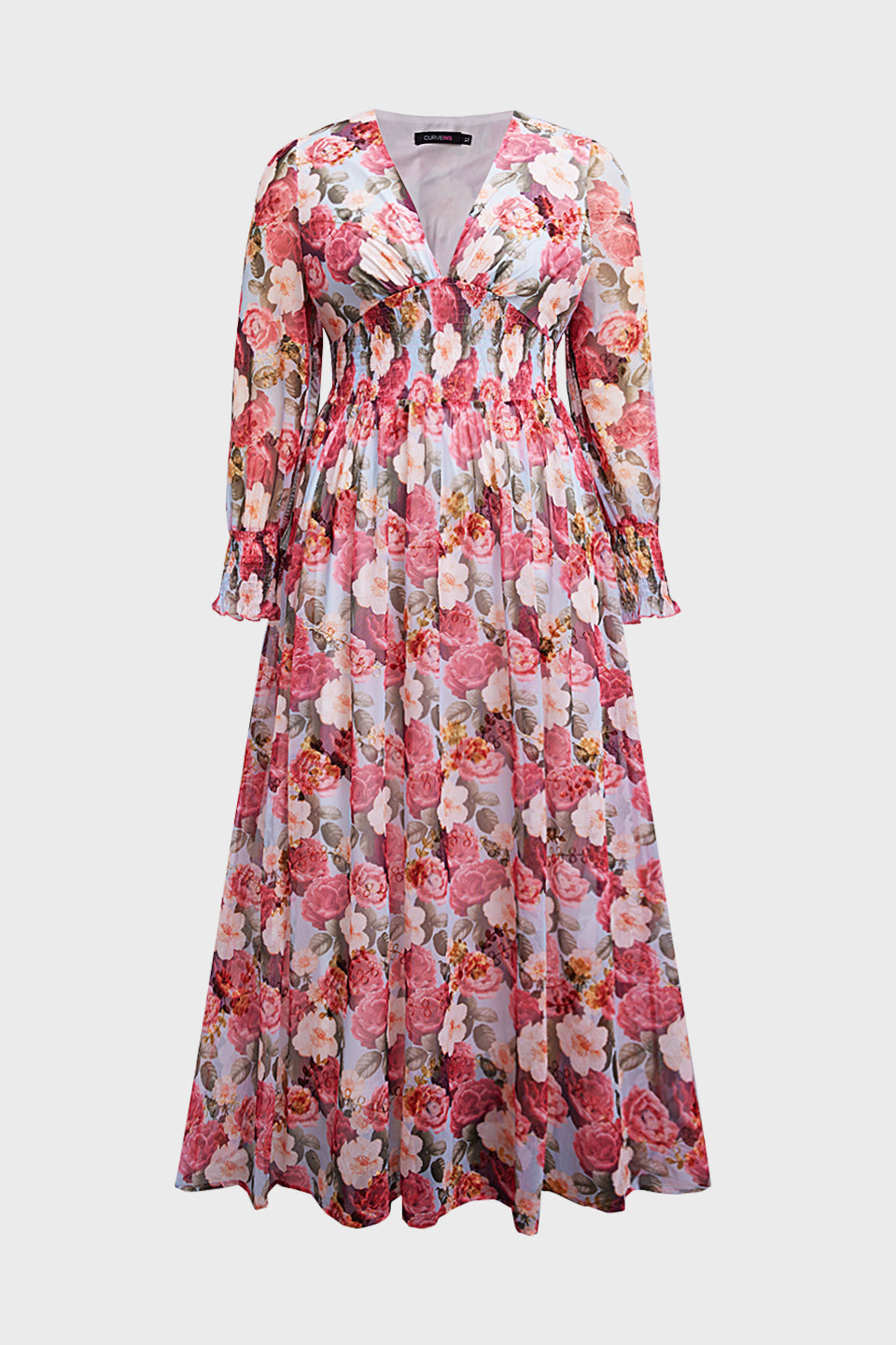 Curveins Plus Size V Neck Long Sleeve Floral Waist Maxi Dress