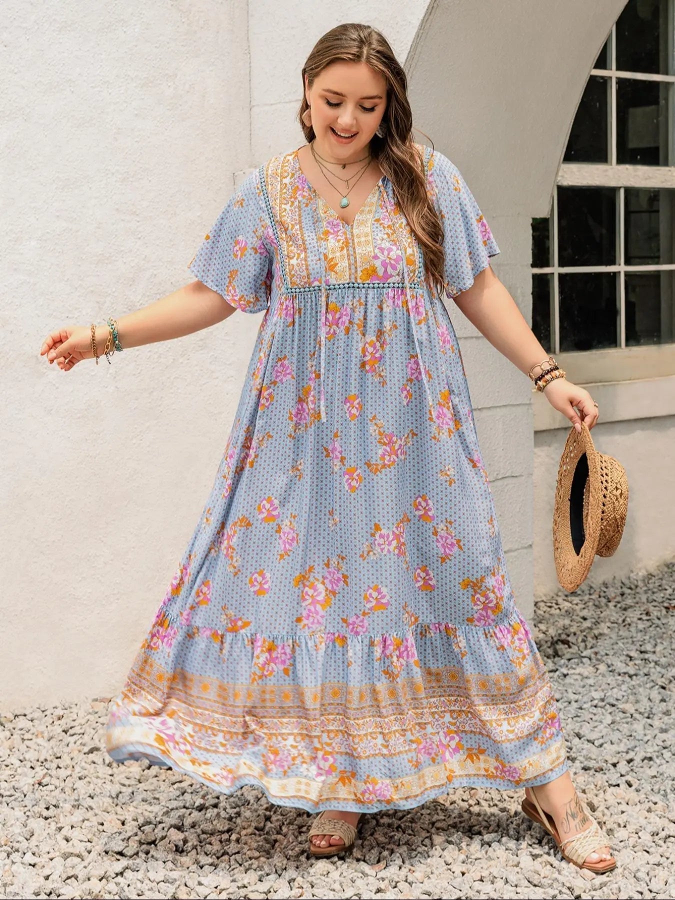 Plus Size Patchwork Floral Print Tie Neck Contrast Lace Ruffle Hem Long Dress, Boho Butterfly Sleeve Smock Dress, Ladies Summer Clothes for Vacation