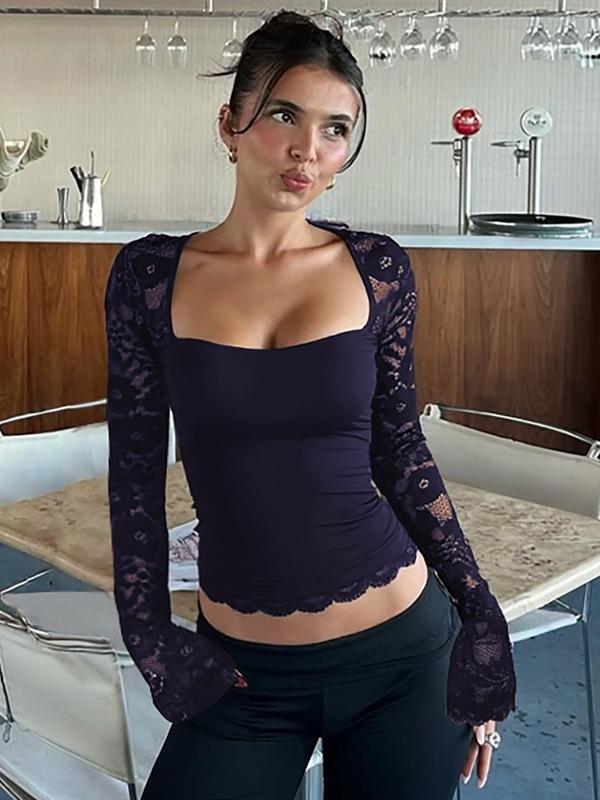 Women's Solid Color Lace Floral Spliced Ruffles Trim Sheer Long Sleeve Tee, Sexy Flower Pattern Designed Slim-fit T-shirt for Party Club Holiday, Ladies Summer Clothes, Top