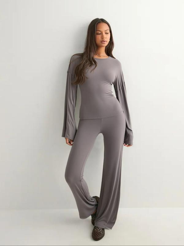 Women's Fall New Round Neck Flare Long Sleeve Top & Elastic Waist Straight Leg Pants Set, Casual Fashion for Daily Wear