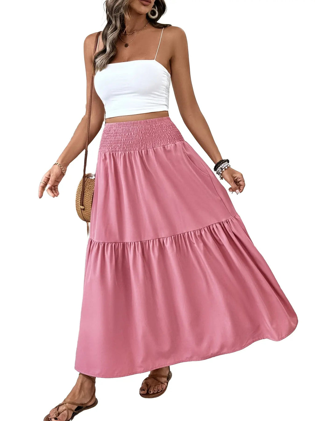 Women's Floral Casual A-Line Skirt, Elastic Waist Pockets, Leaf Hem, Long Fitted Skirt, Fashionable Mid-Length Dress