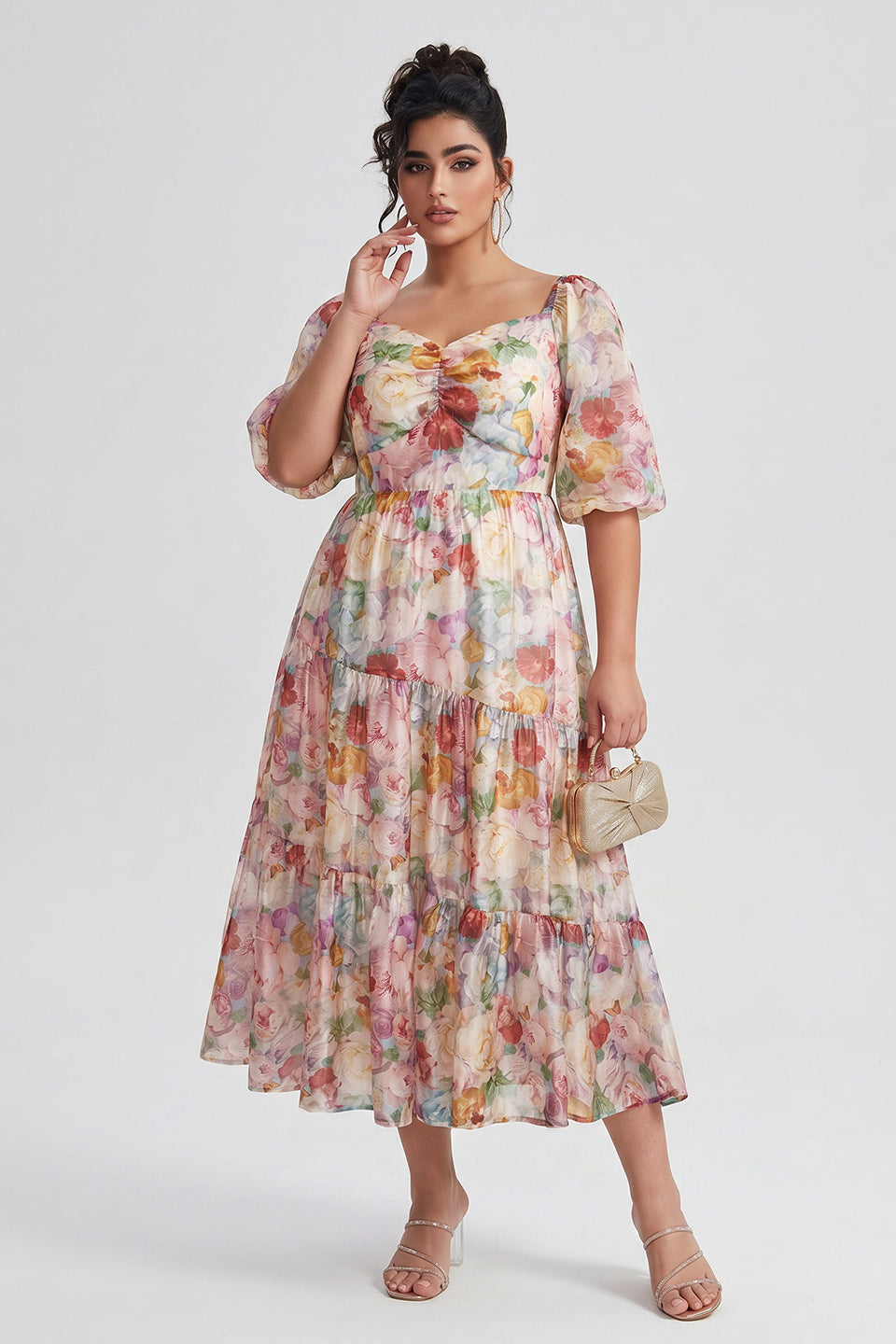 Curveins Plus Size V-Neck Flower Print Pleated Maxi Dress