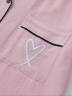 Women's Heart Embroidery Notch Collar Short-Sleeve Pocket Pajama Set, Casual Comfy Shirt & Shorts Sleepwear for All Seasons