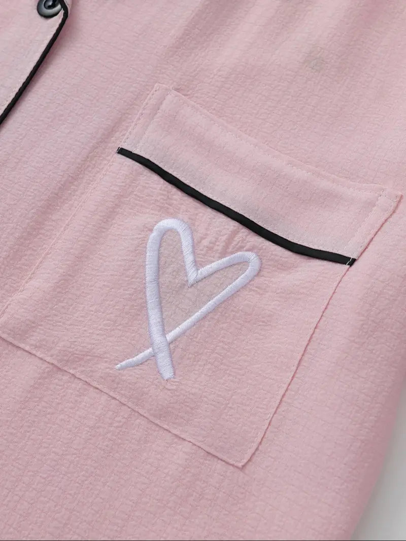 Women's Heart Embroidery Notch Collar Short-Sleeve Pocket Pajama Set, Casual Comfy Shirt & Shorts Sleepwear for All Seasons