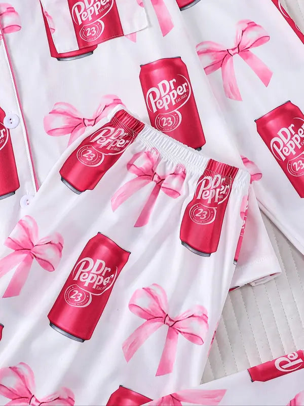 Women's Dr Pepper Pajama Set, Long Sleeve Soda Print Sleepwear, Cozy Soft Fabric Loungewear Gift for Fall and Winter