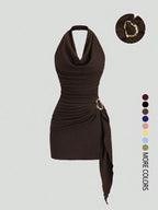 Women's Fashion Solid Color Ruched Halter Dress