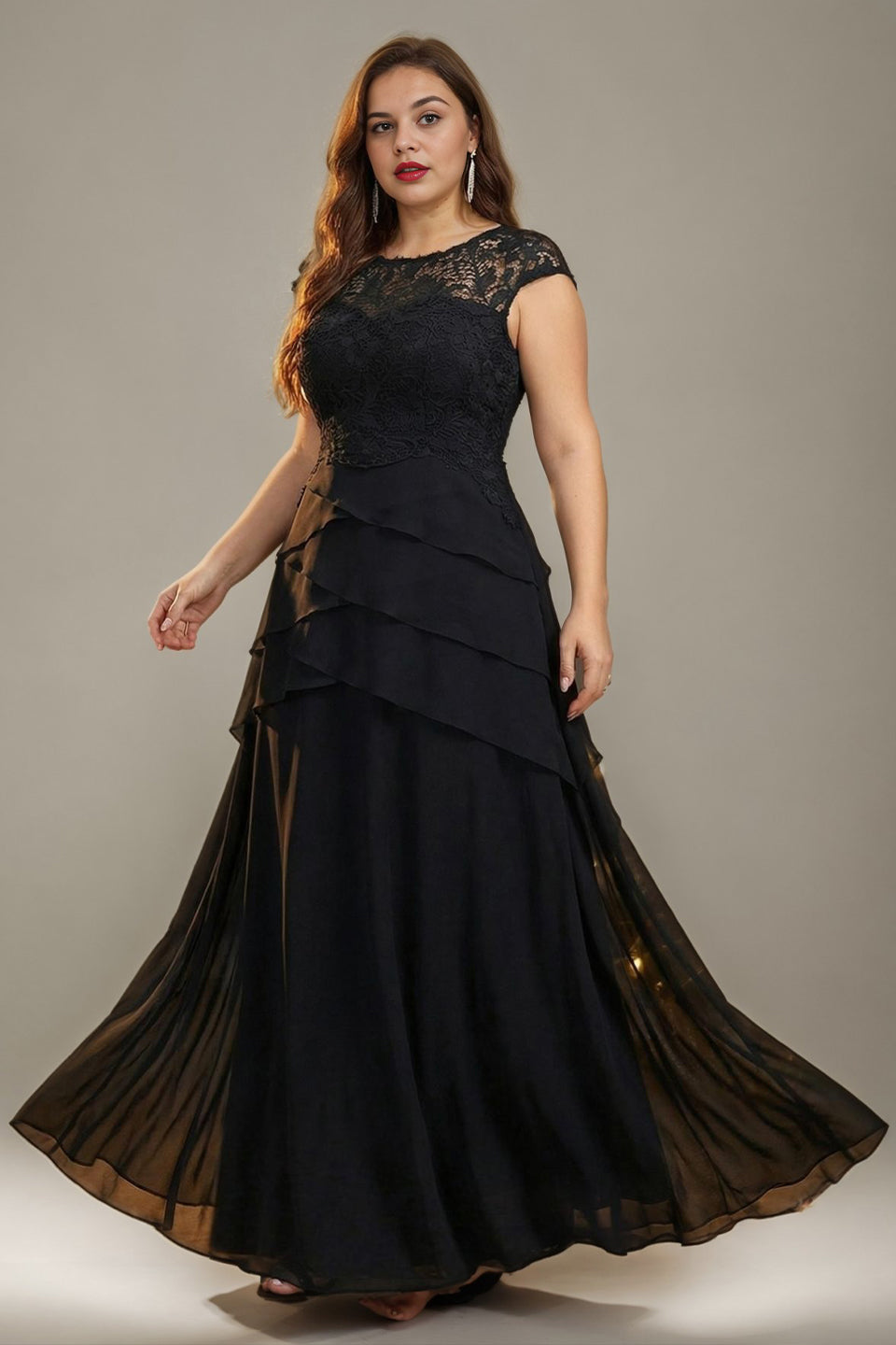 Curveins Plus Size Round Neck Chiffon Cross Ruffle A-Line Sheer Elegant Maxi Dress