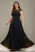 Curveins Plus Size Round Neck Chiffon Cross Ruffle A-Line Sheer Elegant Maxi Dress