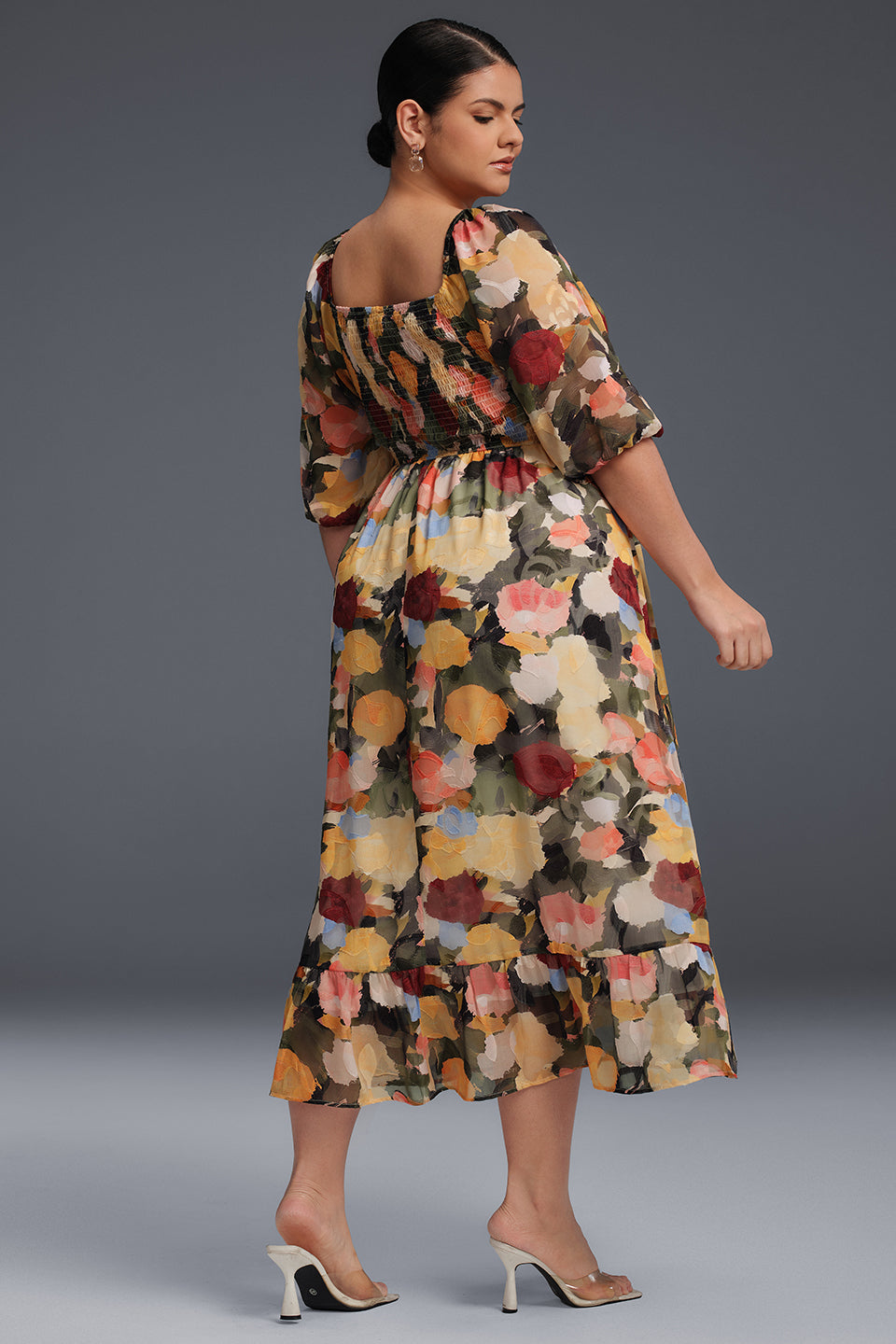 Curveins  Plus Size Draped Collar Foral Maxi Dress