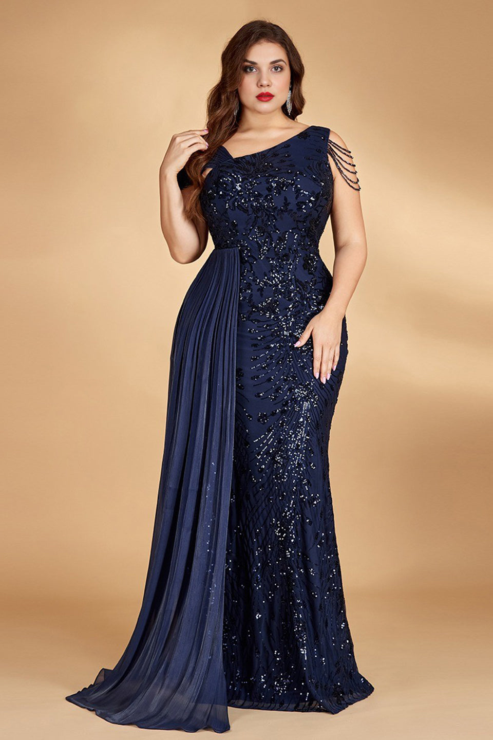 Curveins Plus Size One Shoulder Sleeveless Beaded Ribbon Elegant Maxi Dress