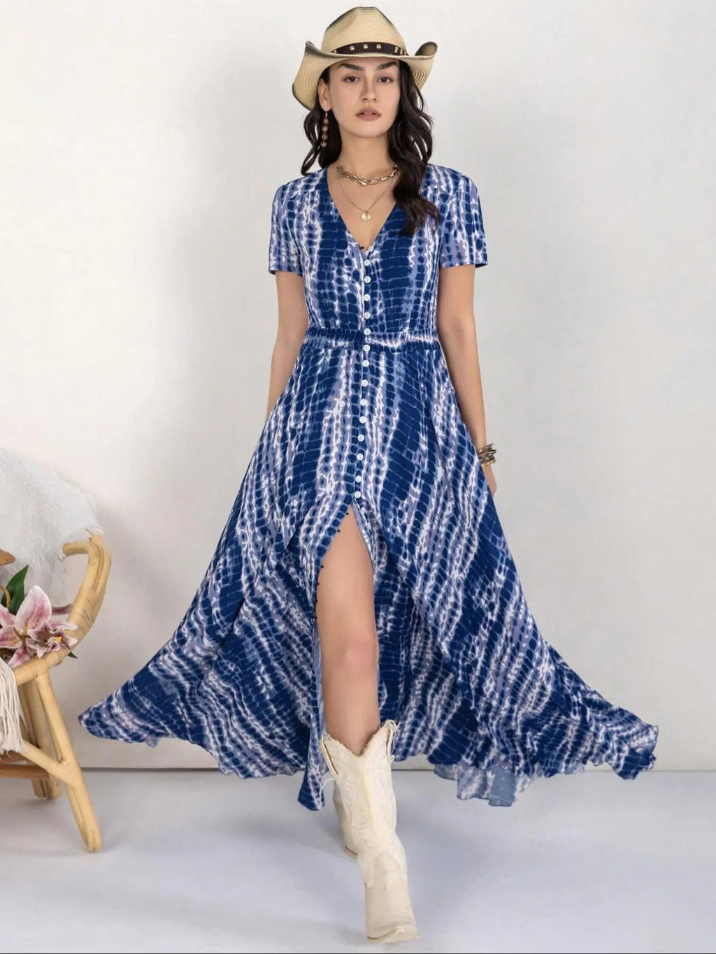 Women's Floral Print Button Front Shirred Bohemian Casual Wear Dress, Boho Pocket V Neck Short Sleeve A Line Dress, Women's Dress for Summer Beach Holiday Vacation, Casual Boho Chic