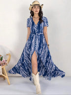 Women's Floral Print Button Front Shirred Bohemian Casual Wear Dress, Boho Pocket V Neck Short Sleeve A Line Dress, Women's Dress for Summer Beach Holiday Vacation, Casual Boho Chic