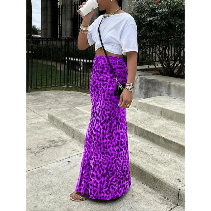 High Waisted Leopard Print Mesh Skirt, Split Design, Slim Fit, Long Hem, Versatile Valentine's Day Dress, Fashionable Women's Clothing