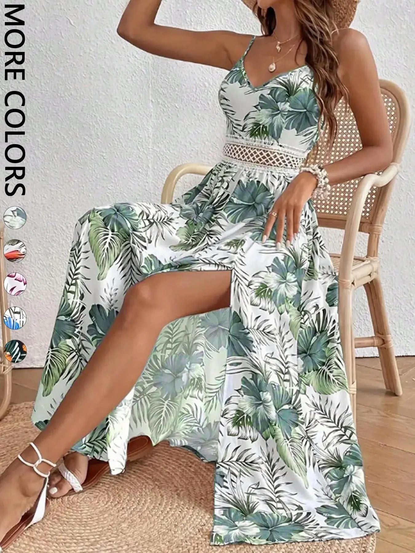 Women's Summer Holiday V-Neck Sleeveless Tropical Print Bohemian Maxi Dress with High Side Slit