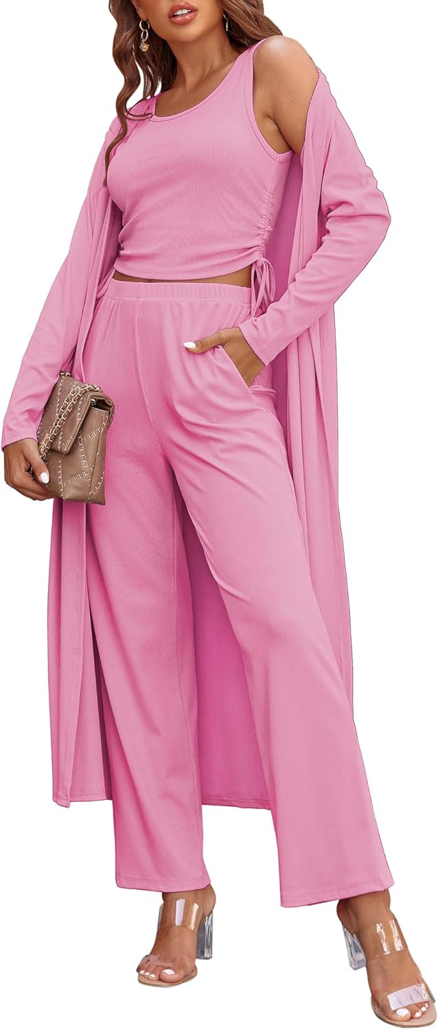 Women's 3 Piece Lounge Set Pajama Long Sleeve Cardigan Sleeveless Top Pants Sweatsuit