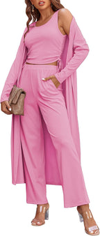 Women's 3 Piece Lounge Set Pajama Long Sleeve Cardigan Sleeveless Top Pants Sweatsuit