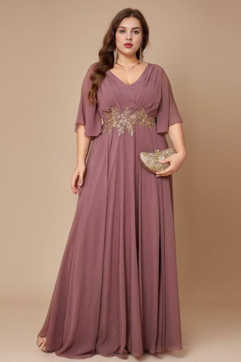 Curveins Plus Size Batwing Sleeve V Neck Gathered Waist Elegant Maxi Dress