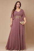 Curveins Plus Size Batwing Sleeve V Neck Gathered Waist Elegant Maxi Dress