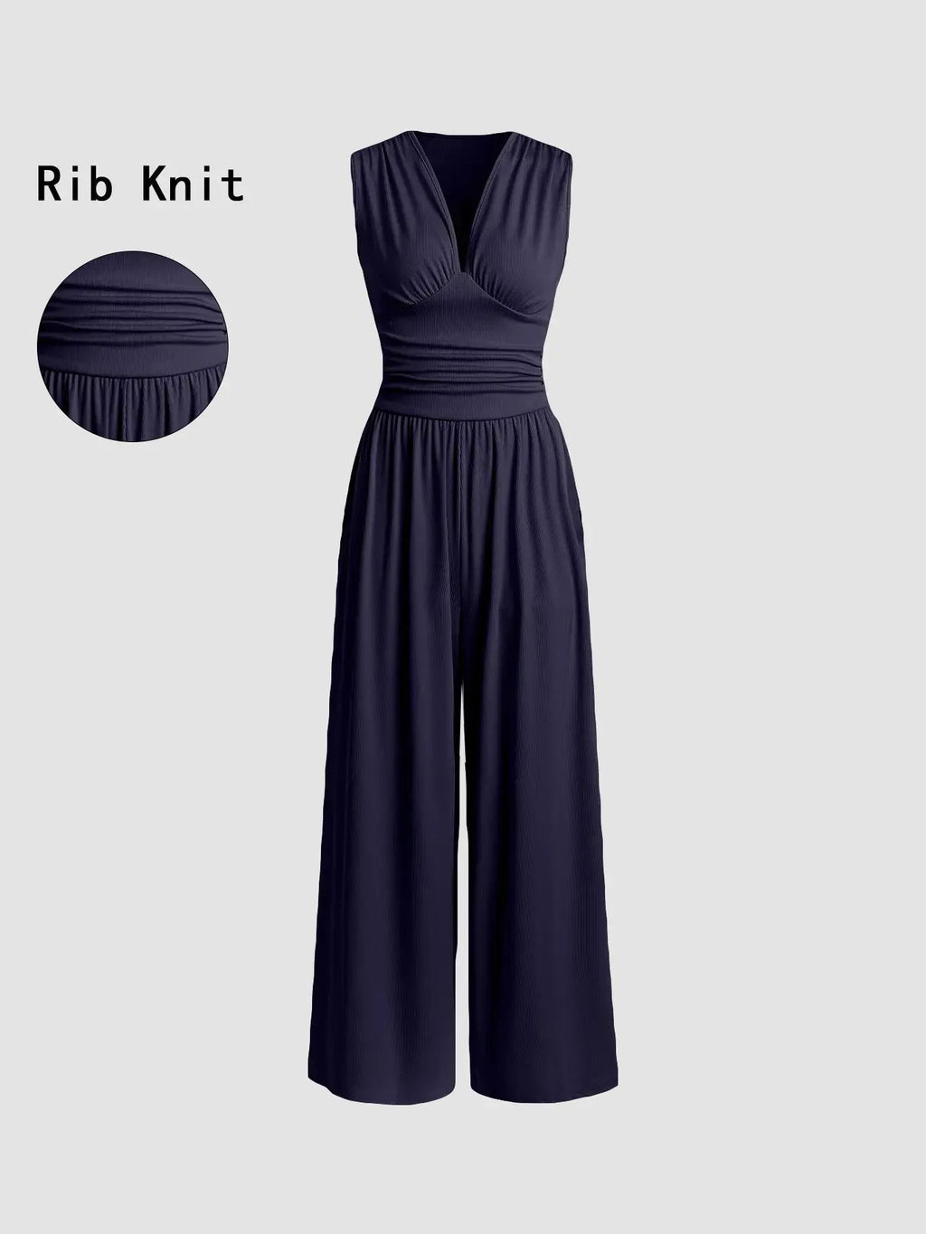 Women's Plain Ruched Deep V Neck Wide Leg Jumpsuit, Sleeveless Ribbed Jumpsuit for Daily Wear, Ladies Clothes for All Seasons, Casual Basic Jumpsuit, Casual Jumpsuits