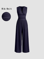 Women's Plain Ruched Deep V Neck Wide Leg Jumpsuit, Sleeveless Ribbed Jumpsuit for Daily Wear, Ladies Clothes for All Seasons, Casual Basic Jumpsuit, Casual Jumpsuits