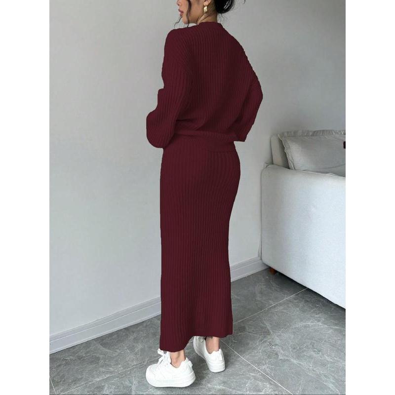 Women's Solid Button Front Sweater & Long Skirt Two-piece Set, Casual Drop Shoulder Long Sleeve Knit Top & High Waist Skirt for Daily Outdoor Wear, Women's Knitwear for Fall & Winter