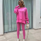 Oversize Two-Piece Set Women's  Split Hem Sweatshirt & Skinny Pants, Casual Fashion Cozy Round Neck Long Sleeve Pullover Women's Clothing for Fall & Basic Winter  Suits Womenswear Gamis