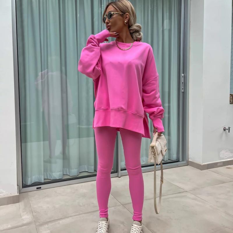 Oversize Two-Piece Set Women's  Split Hem Sweatshirt & Skinny Pants, Casual Fashion Cozy Round Neck Long Sleeve Pullover Women's Clothing for Fall & Basic Winter  Suits Womenswear Gamis