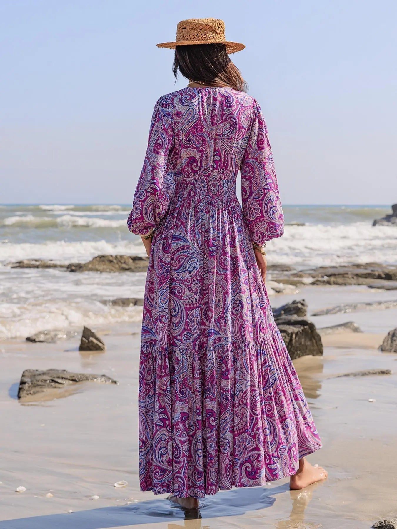 Women's Boho Style Long Sleeve Woven Paisley Print Dress, Fitted Waist Design, Comfortable, Casual & Stylish for All Seasons, Perfect for Beach