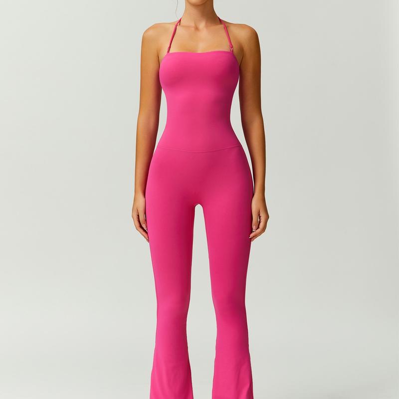 Women's Halter Neck Bodycon Flared Leg Jumpsuit – Stylish & Comfortable for Fitness & Fashion,Stylish & Comfortable Athleisure Outfit, Butt Lifting, High Waist Workout Gym Clothing Stretchable Activewear,jumpsuit women