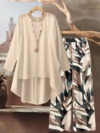 Women's Round Neck Irregular Long- Sleeved Fitted Top and Elastic Waist Solid Color Wide- Leg Pants Two-piece Matching Set, Suitable for Beach, Daily Outings, Holidays, Home, Casual Wear